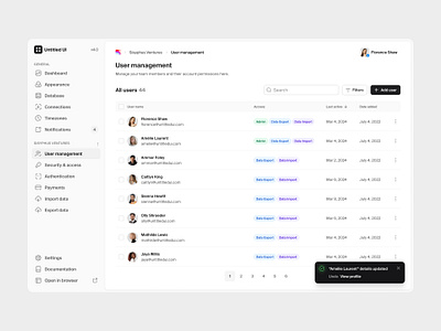 User management — Untitled UI minimal modern ui nav navbar navigation notification preferences product design search settings side nav sidenav table team management ui ui design user interface user management users