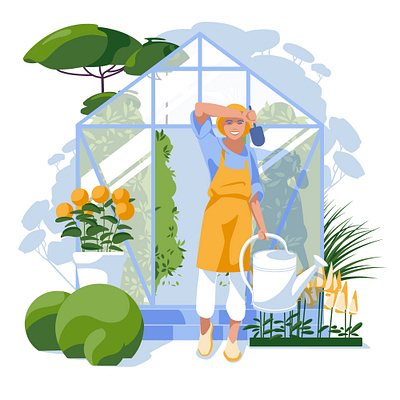 Gardening agriculture cultivate decorative farmer female flat gardening greenhouse grow harvest hobby illustration nature plant season spring summer vector woman work