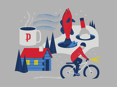 Phillips- Spirit of the Midwest badge bike cabin canoe cocktails dog fishing hiking illustration midwest minnesota north northern lights outdoors phillips spirits summer vector vodka winter