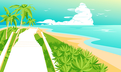 Tropical paradise beach bright clouds coastline destination illustration landscape ocean palm sky summer travel tropic typical vacancy vector vector art