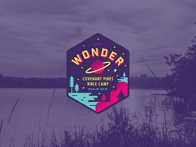 Covenant Pines Bible Camp - 2024 Theme badge branding cabin camp christian design graphic design illustration lake logo malley design planet seal space summer trees typography vector wonder