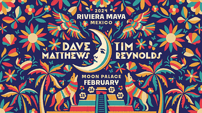 Dave Matthews & Tim Reynolds 2024 Riviera Maya Branding dan kuhlken dave matthews design dkng dkng studios embroidered flower flowers illustration mexico moon nathan goldman otomi parrot ruin temple tim reynolds vector wolf