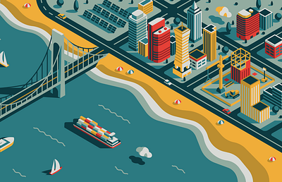 AEC Advisors Office Mural boat bridge city cloud dan kuhlken dkng geometric isometric mural nathan goldman road solar vector