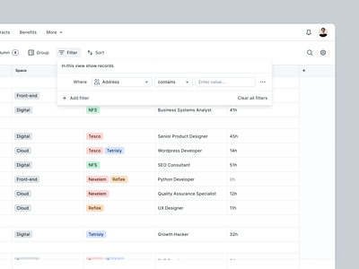 NFS - Filter Component component dashboard data dropdown filter modal saas sort sorting spreadsheets table tool